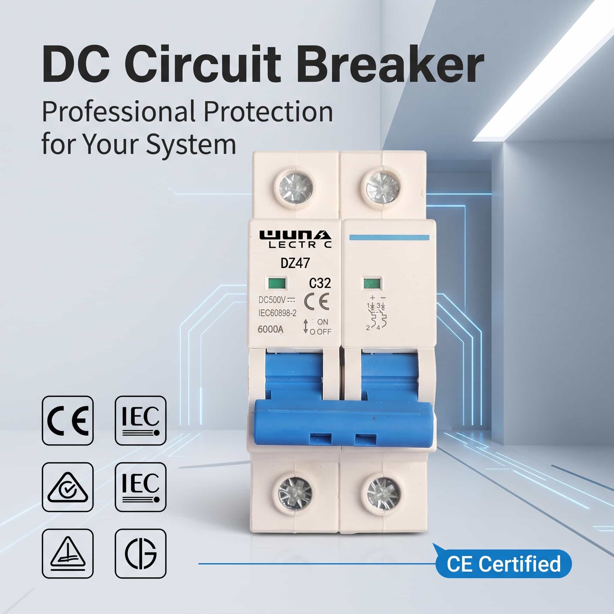 2 पोल डीसी मिनिएचर सर्किट ब्रेकर DZ47 C32 500V