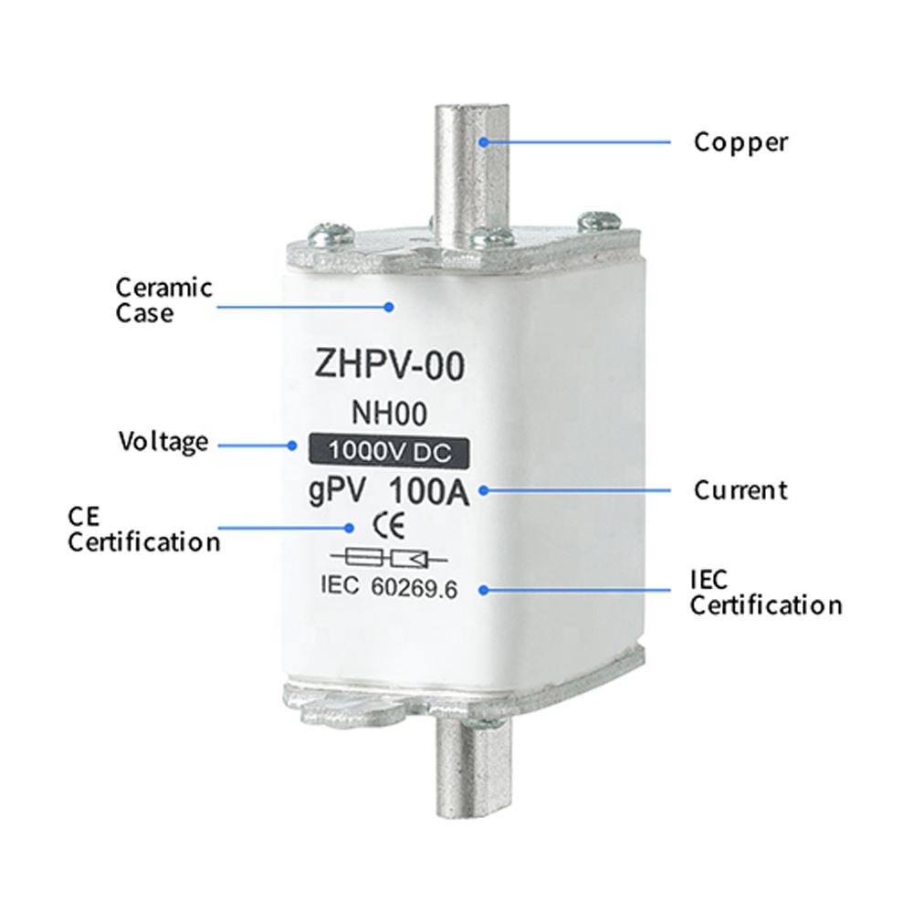 NH00-1000V IEC लो वोल्टेज फोटोवोल्टिक चाकू फ्यूज प्लास्टिक 80A 6ka ब्रेकिंग क्षमता